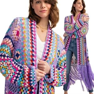 Colorful Crochet Long Cardigan Sweater
